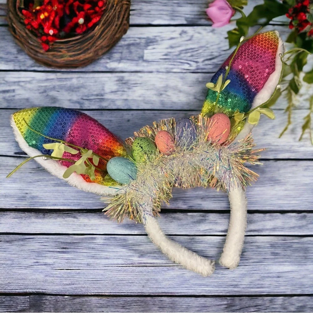 Rainbow Easter Bunny Ears - Rabbit Ears, Handmade Headpiece, Easter Headband